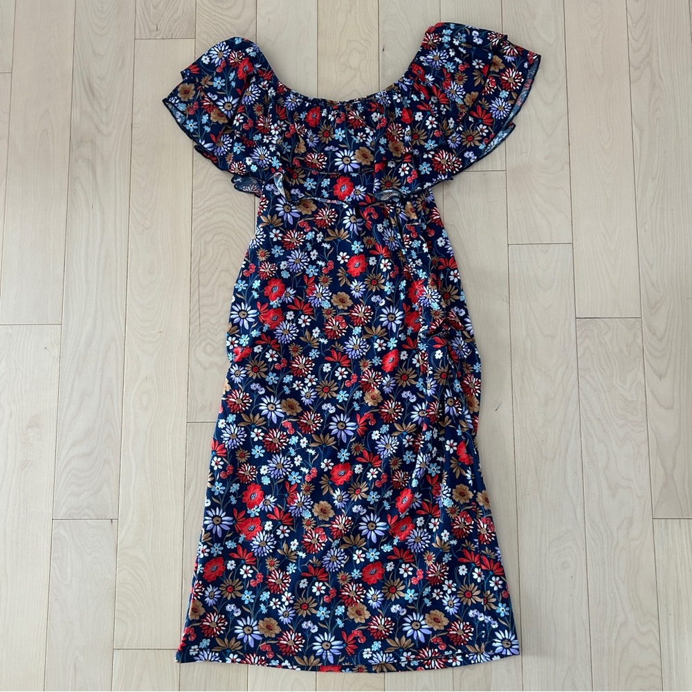Navy Blue Floral Off the Shoulder Dress